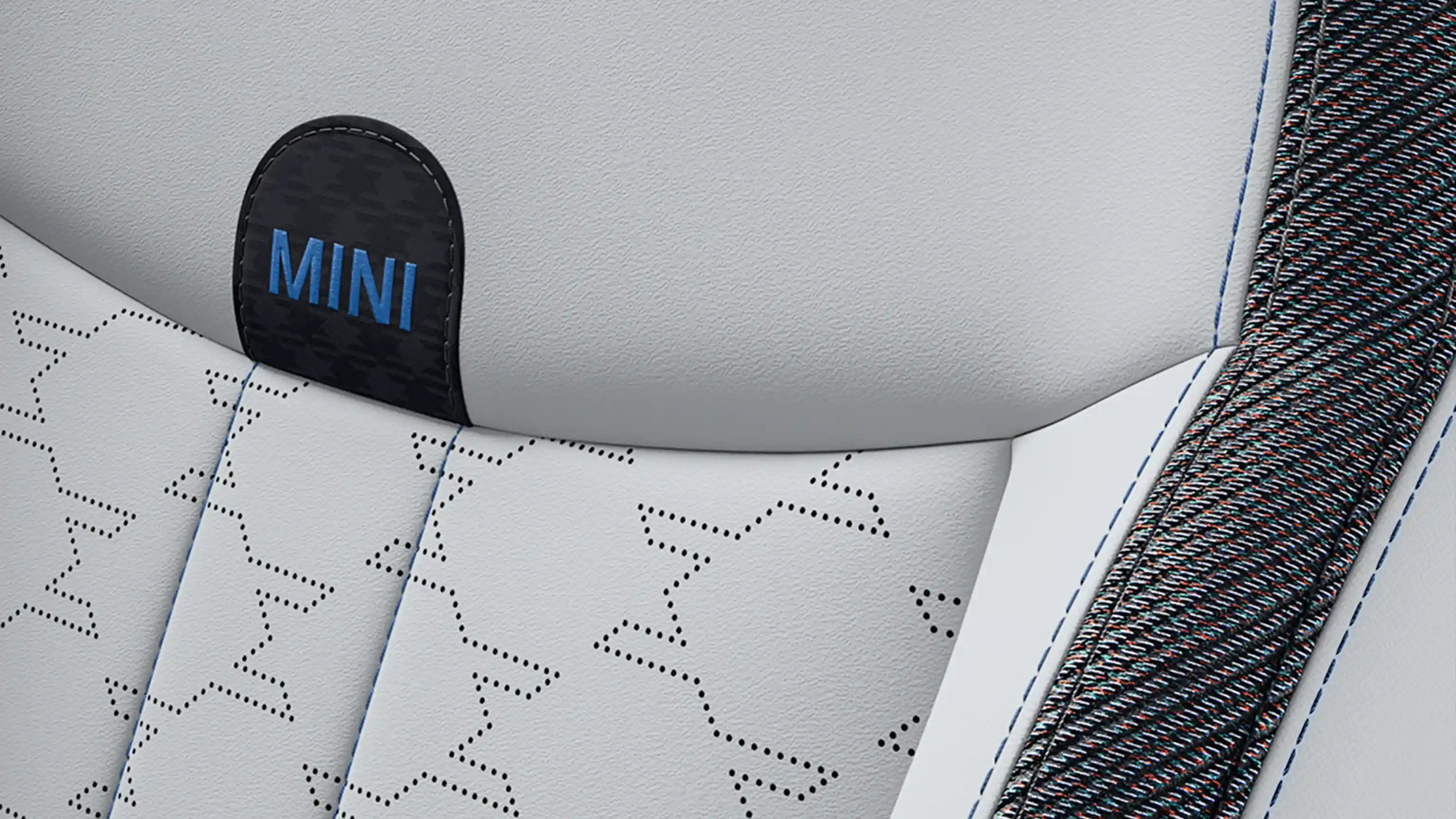 MINI Cooper 5-Door Classic Style vaizdas su sėdynėmis pilkos ir mėlynos spalvos – „Vescin/cloth“ derinys