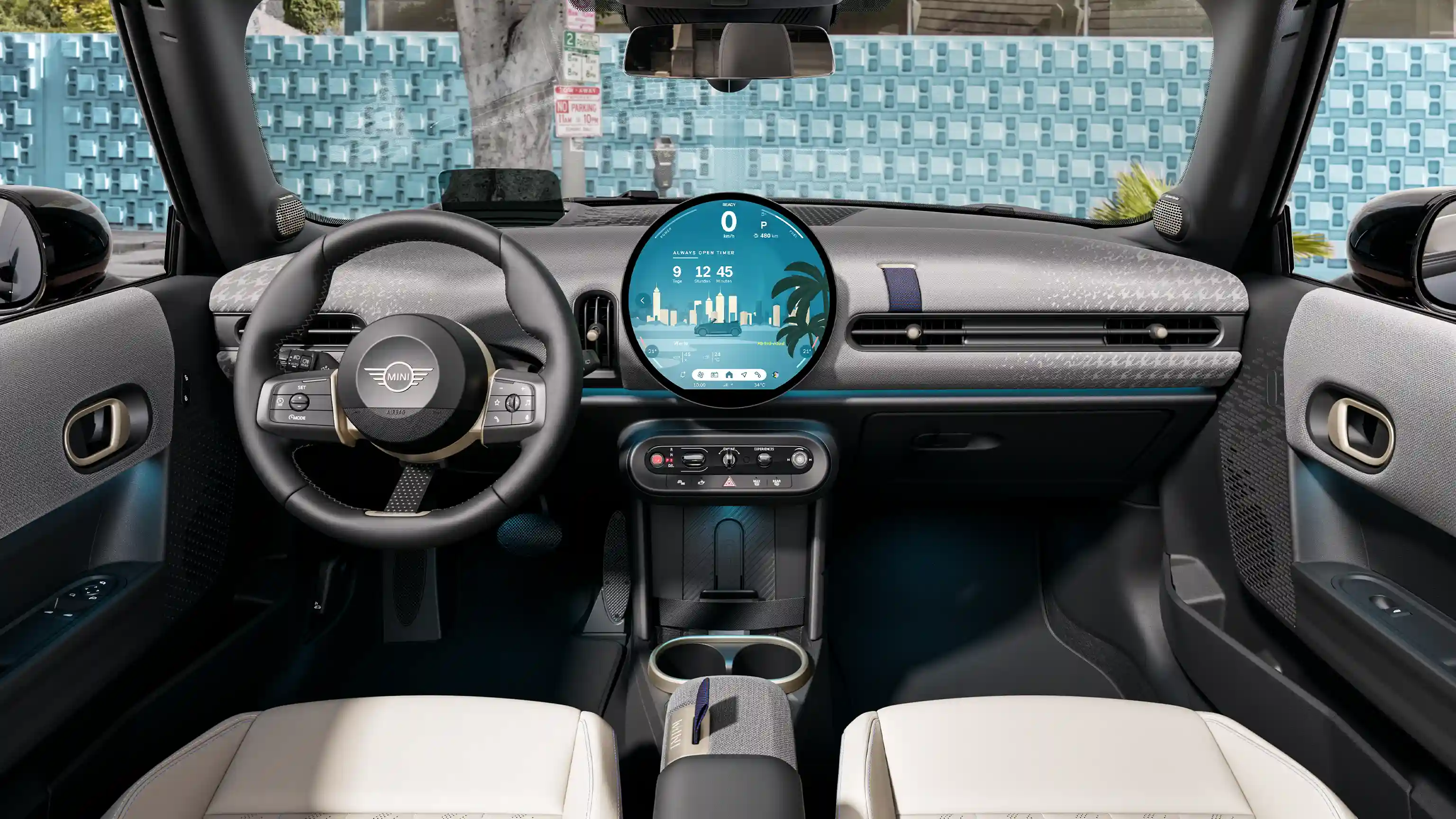 MINI Cooper kabrioleto prietaisų skydelio vaizdas iš arti