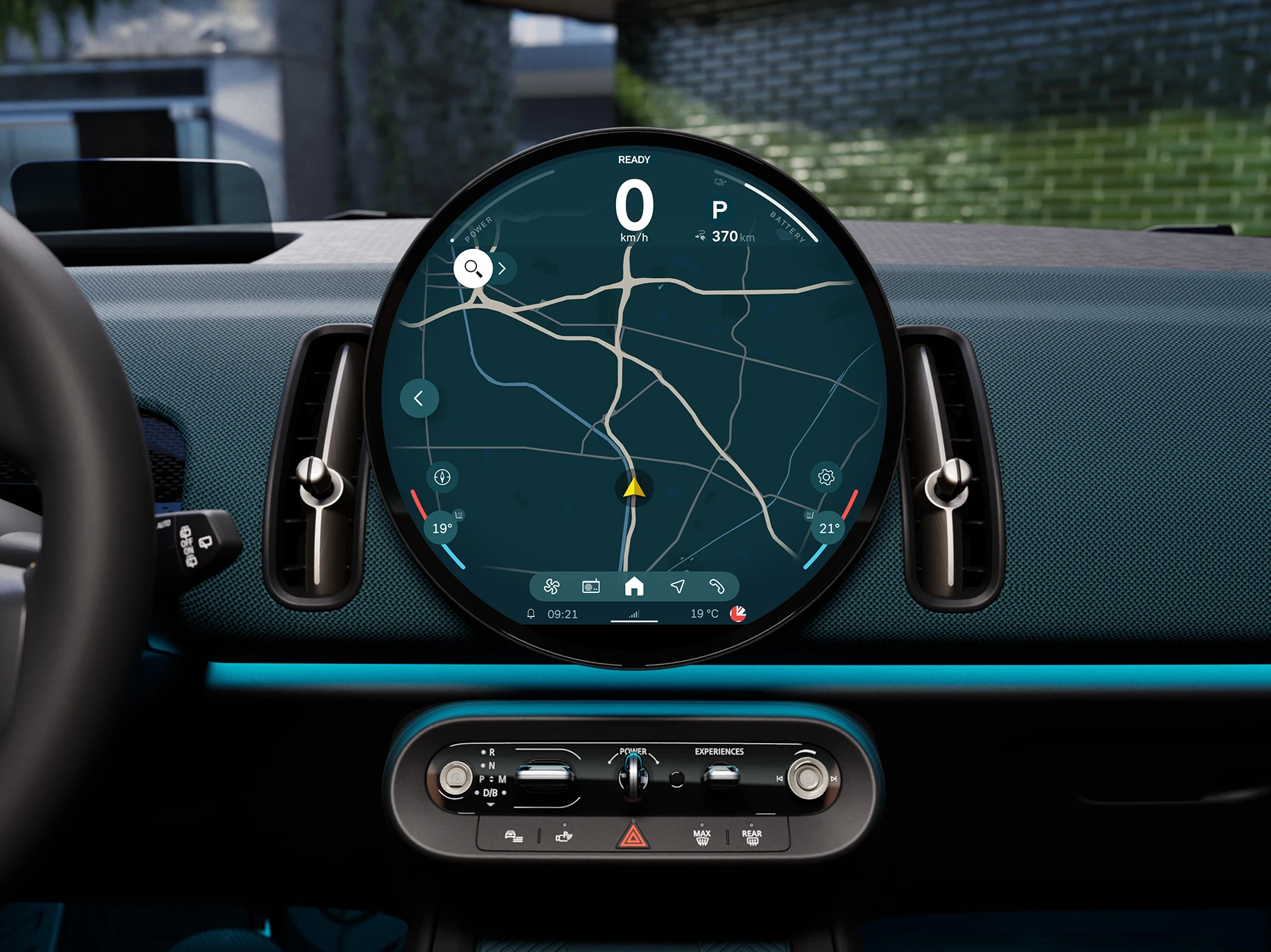 Priartintas visiškai elektrinio MINI Countryman navigacijos ekrane vaizdas.