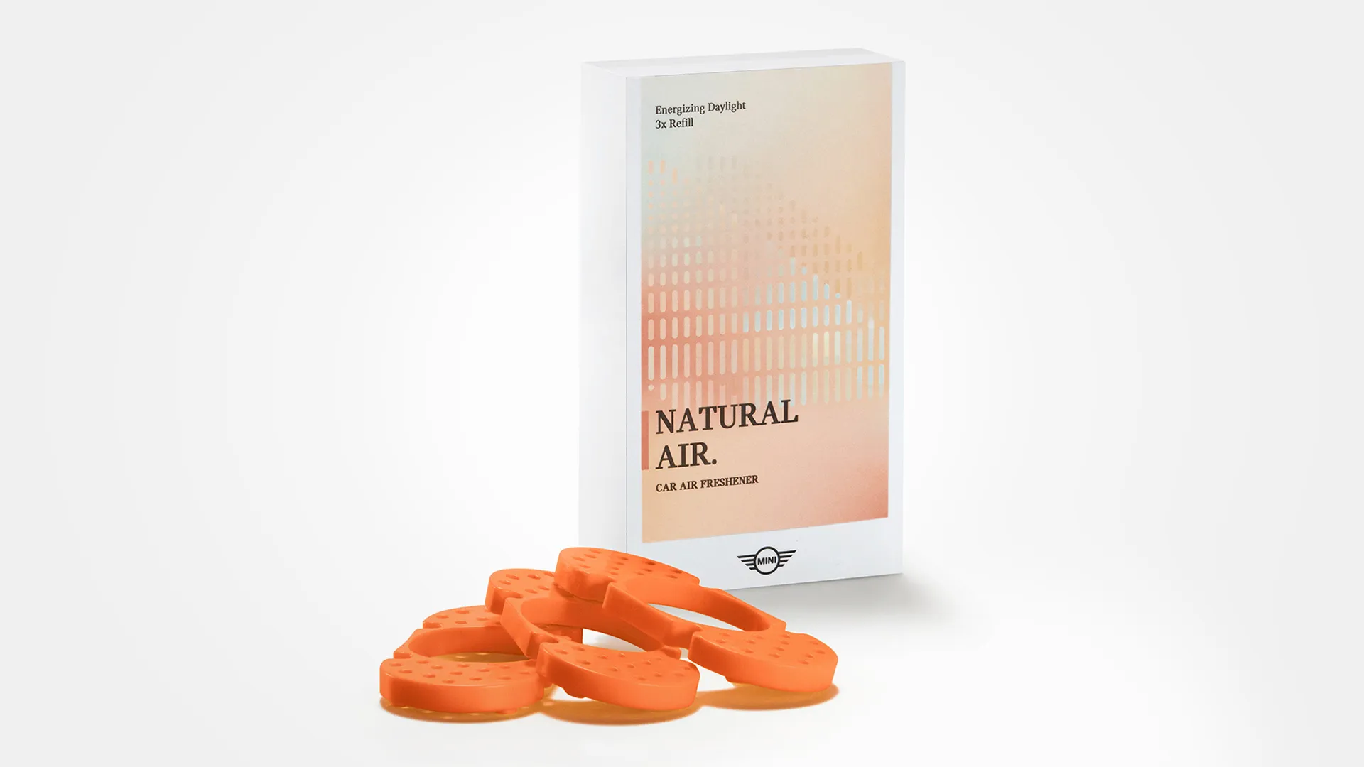 MINI Natural Air papildymo rinkinys su trimis kvapo lazdelėmis, kiekviena – hermetiškoje pakuotėje.