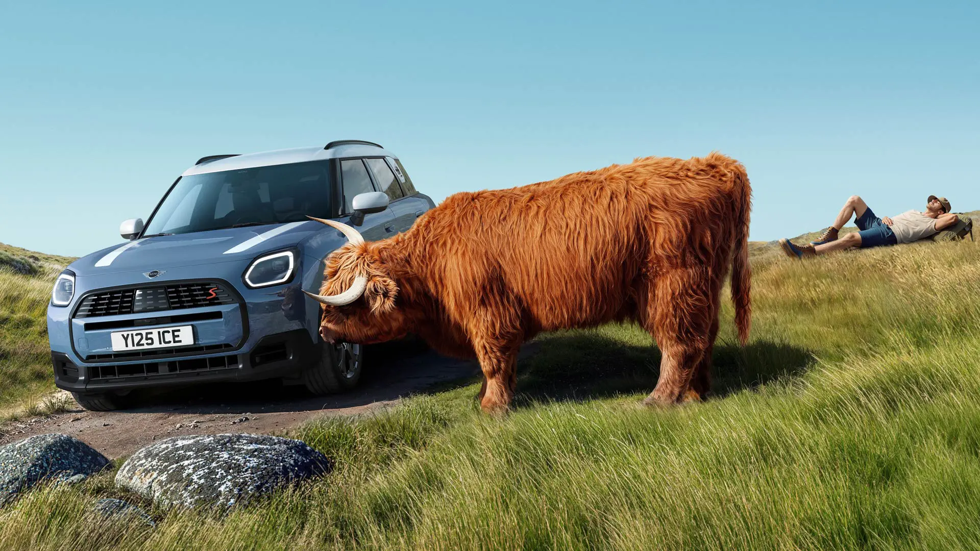 Važiuojantis pro šalį MINI Countryman netoliese ramiai besiganančios karvės fone. Su Proactive care funkcija mes apsaugosime jus nuo rūpesčių – jums beliks tik mėgautis vairavimu.