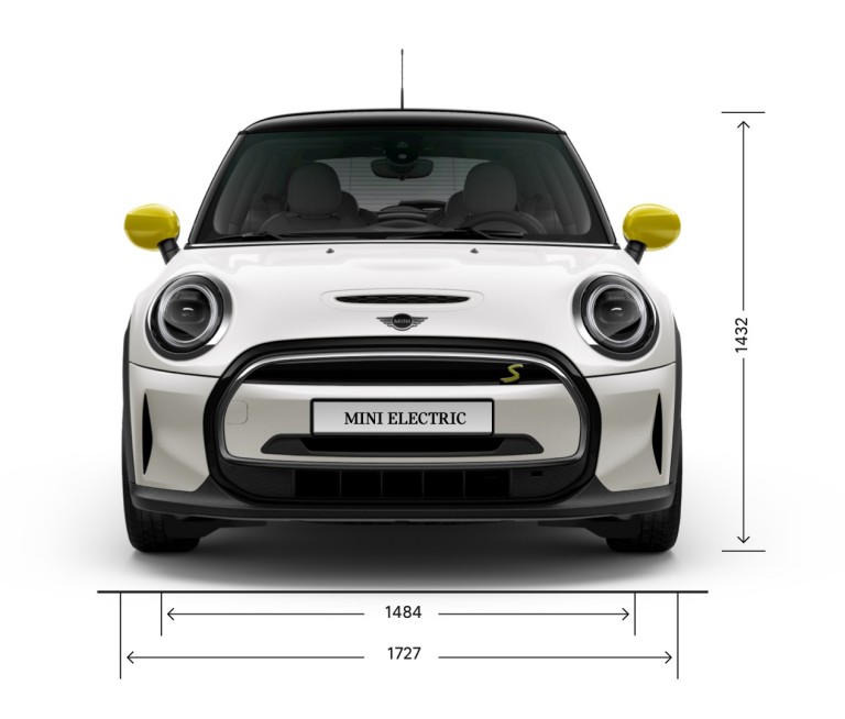 MINI triduris Cooper SE – vaizdas iš priekio – išmatavimai