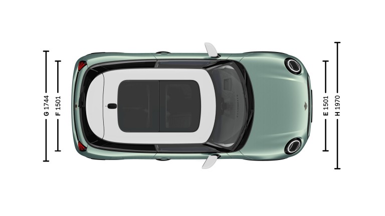 MINI Cooper triduris – matmenys– vaizdas iš paukščio skrydžio